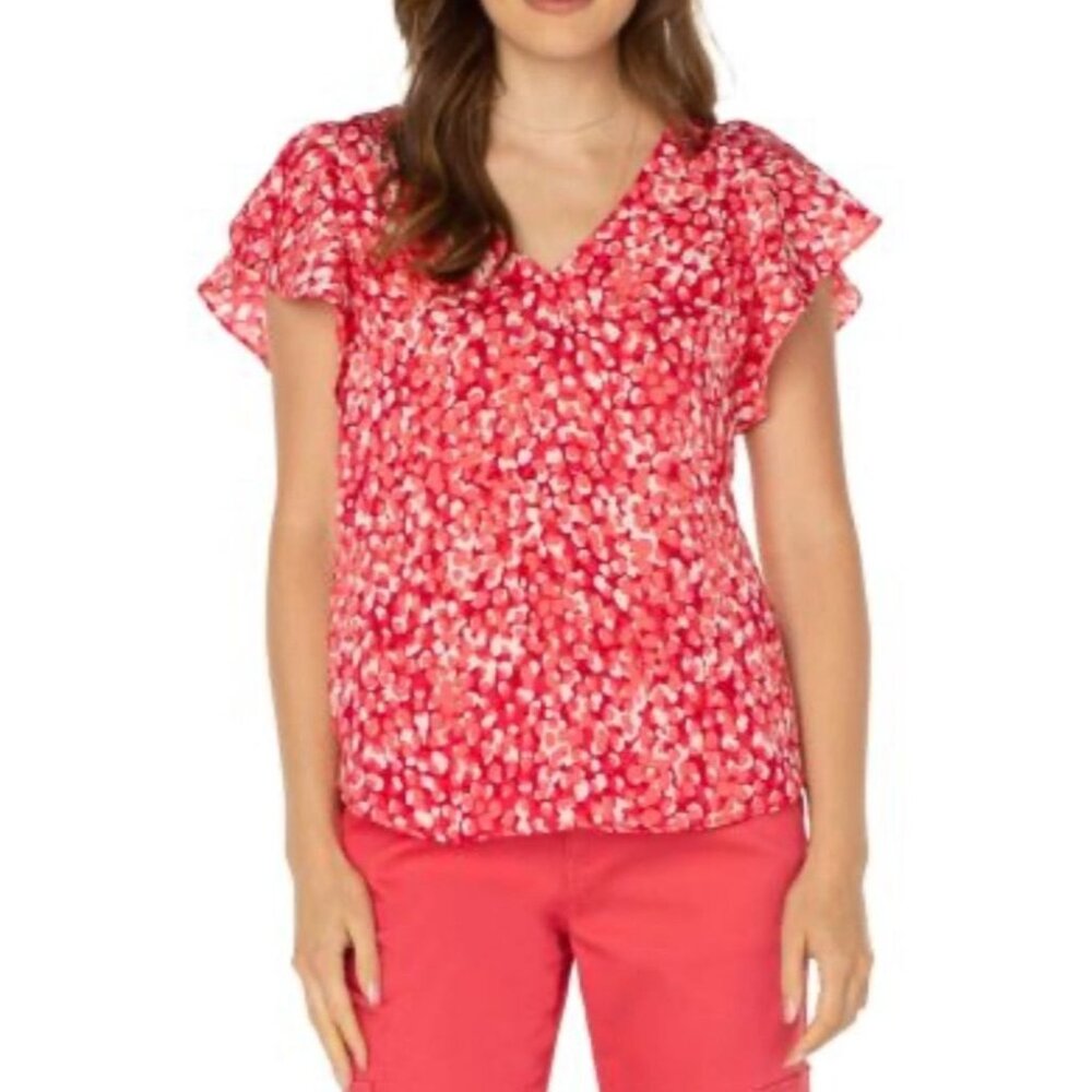 Liverpool Los Angeles Top Pink & White V-Neck Flutter Sleeve Blouse XL NWT